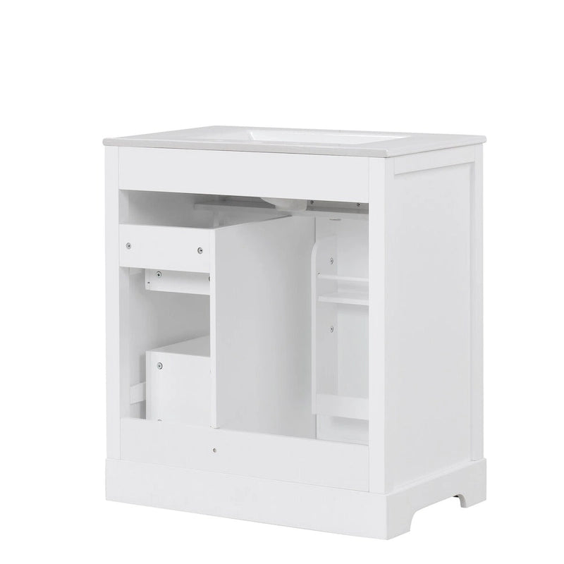 Meuble-lavabo blanc avec vasque en céramique, 1 porte et 2 tiroirs