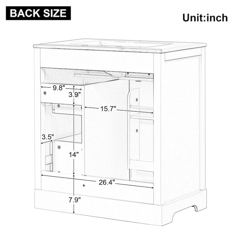 Meuble-lavabo blanc avec vasque en céramique, 1 porte et 2 tiroirs