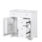Meuble-lavabo blanc avec vasque en céramique, 1 porte et 2 tiroirs