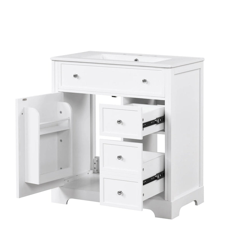 Meuble-lavabo blanc avec vasque en céramique, 1 porte et 2 tiroirs