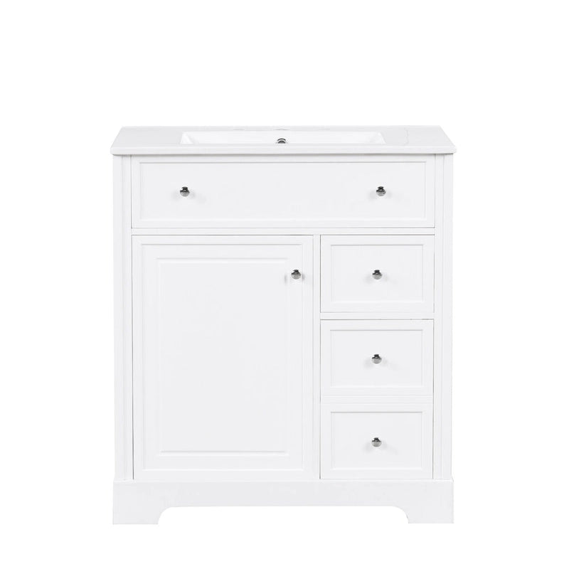 Meuble-lavabo blanc avec vasque en céramique, 1 porte et 2 tiroirs