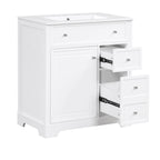 Meuble-lavabo blanc avec vasque en céramique, 1 porte et 2 tiroirs