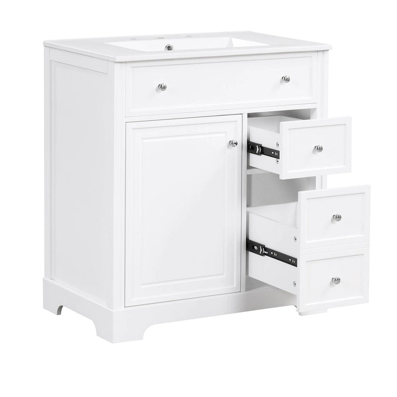 Meuble-lavabo blanc avec vasque en céramique, 1 porte et 2 tiroirs