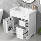 Meuble-lavabo blanc avec vasque en céramique, 1 porte et 2 tiroirs