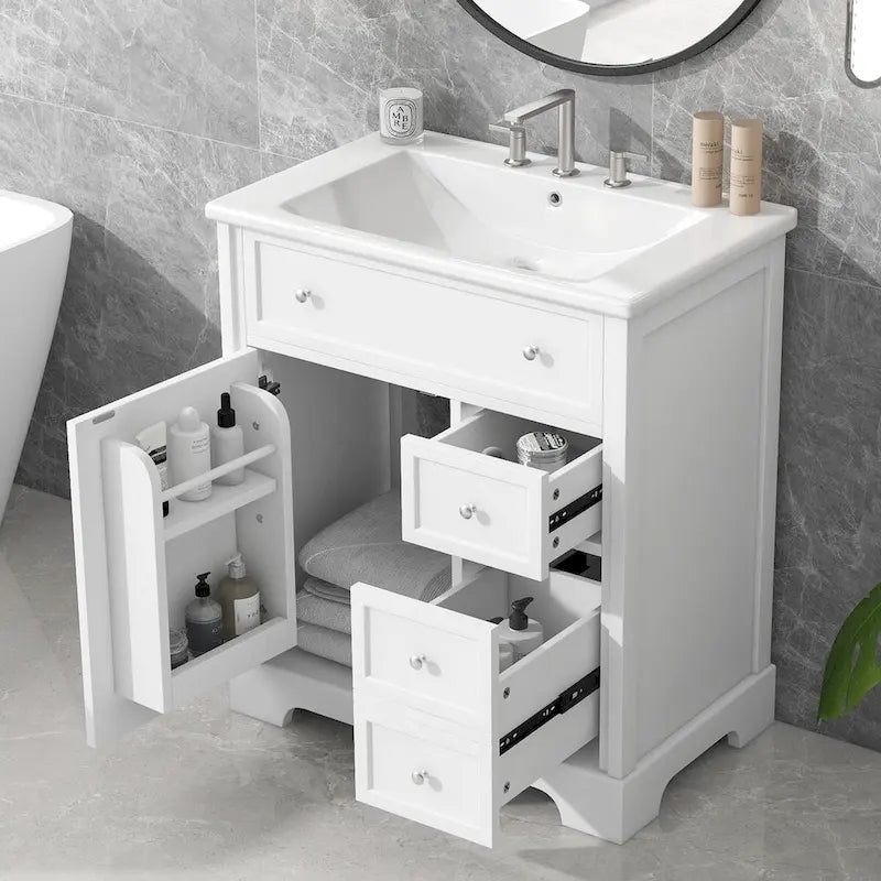 Meuble-lavabo blanc avec vasque en céramique, 1 porte et 2 tiroirs