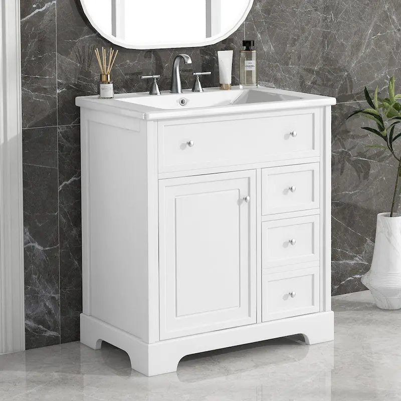 Meuble-lavabo blanc avec vasque en céramique, 1 porte et 2 tiroirs