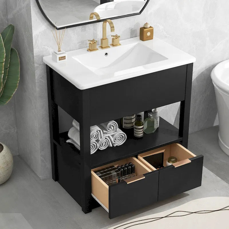 Meuble-lavabo moderne autoportant noir/transparent avec 2 tiroirs et étagère ouverte, vasque simple, 1 personne