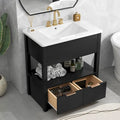 Meuble-lavabo moderne autoportant noir/transparent avec 2 tiroirs et étagère ouverte, vasque simple, 1 personne