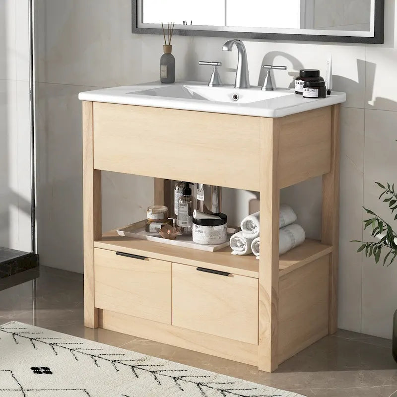 Meuble-lavabo moderne autoportant noir/transparent avec 2 tiroirs et étagère ouverte, vasque simple, 1 personne