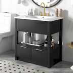 Meuble-lavabo moderne autoportant noir/transparent avec 2 tiroirs et étagère ouverte, vasque simple, 1 personne