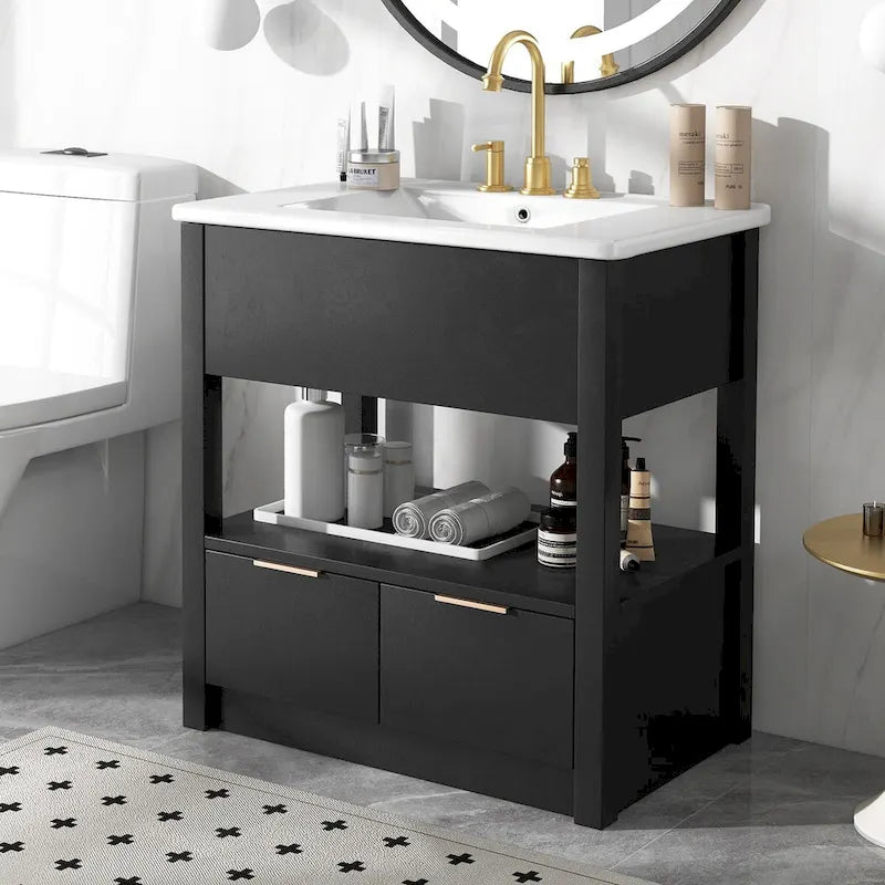 Meuble-lavabo moderne autoportant noir/transparent avec 2 tiroirs et étagère ouverte, vasque simple, 1 personne