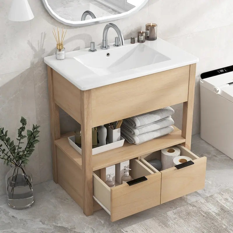 Meuble-lavabo moderne autoportant noir/transparent avec 2 tiroirs et étagère ouverte, vasque simple, 1 personne