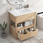 Meuble-lavabo moderne autoportant noir/transparent avec 2 tiroirs et étagère ouverte, vasque simple, 1 personne