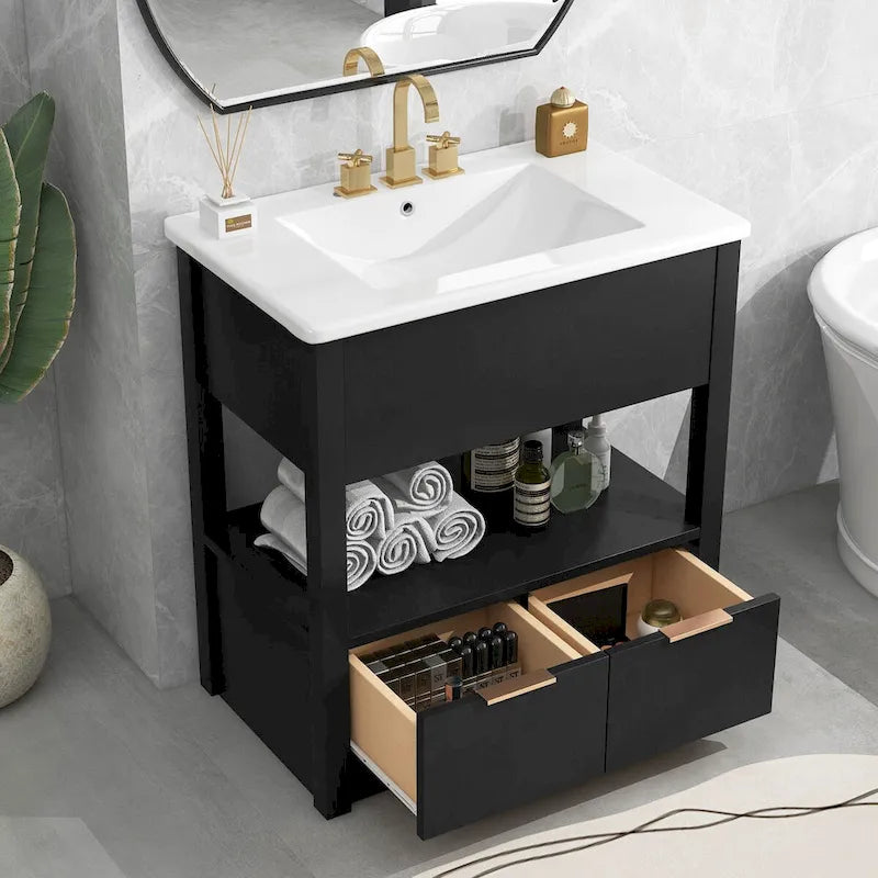 Meuble-lavabo moderne autoportant noir/transparent avec 2 tiroirs et étagère ouverte, vasque simple, 1 personne