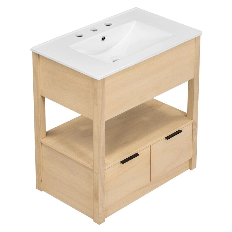 Meuble-lavabo moderne autoportant noir/transparent avec 2 tiroirs et étagère ouverte, vasque simple, 1 personne