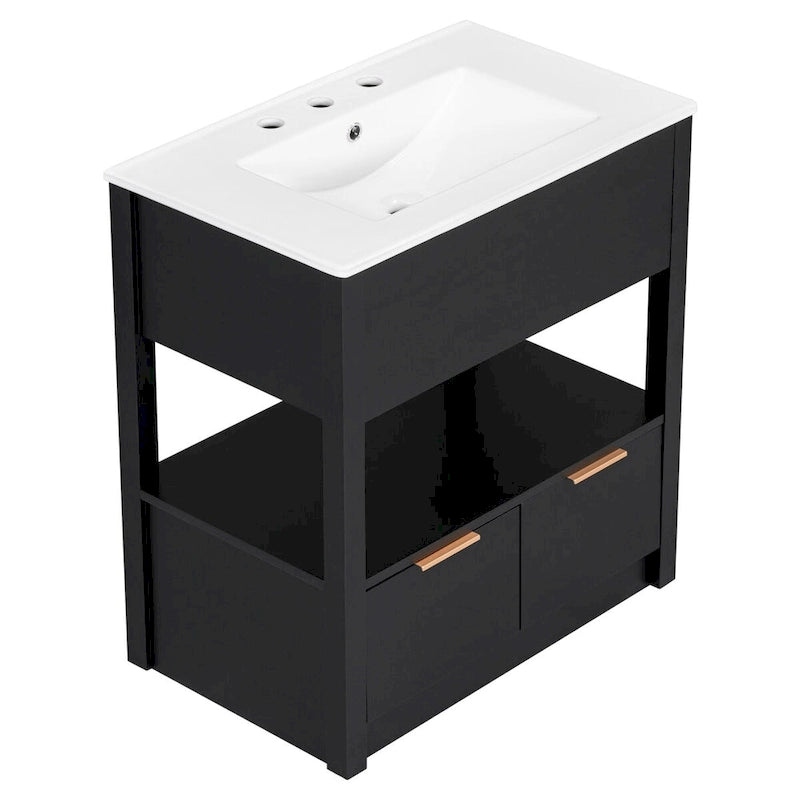 Meuble-lavabo moderne autoportant noir/transparent avec 2 tiroirs et étagère ouverte, vasque simple, 1 personne