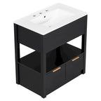 Meuble-lavabo moderne autoportant noir/transparent avec 2 tiroirs et étagère ouverte, vasque simple, 1 personne