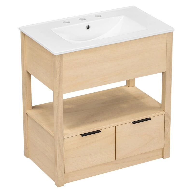 Meuble-lavabo moderne autoportant noir/transparent avec 2 tiroirs et étagère ouverte, vasque simple, 1 personne