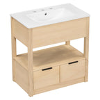 Meuble-lavabo moderne autoportant noir/transparent avec 2 tiroirs et étagère ouverte, vasque simple, 1 personne