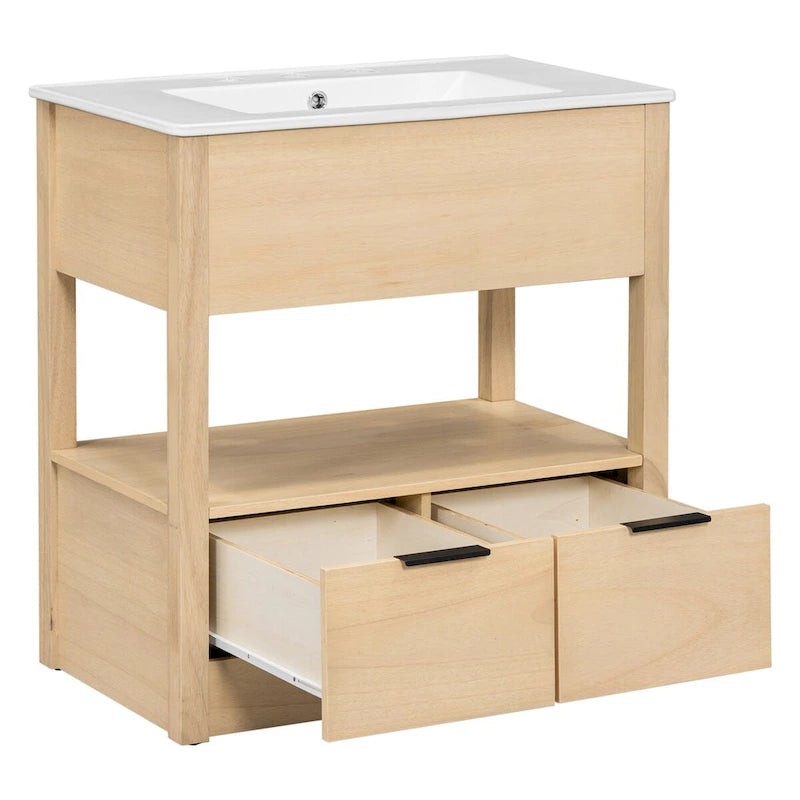 Meuble-lavabo moderne autoportant noir/transparent avec 2 tiroirs et étagère ouverte, vasque simple, 1 personne