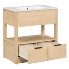 Meuble-lavabo moderne autoportant noir/transparent avec 2 tiroirs et étagère ouverte, vasque simple, 1 personne