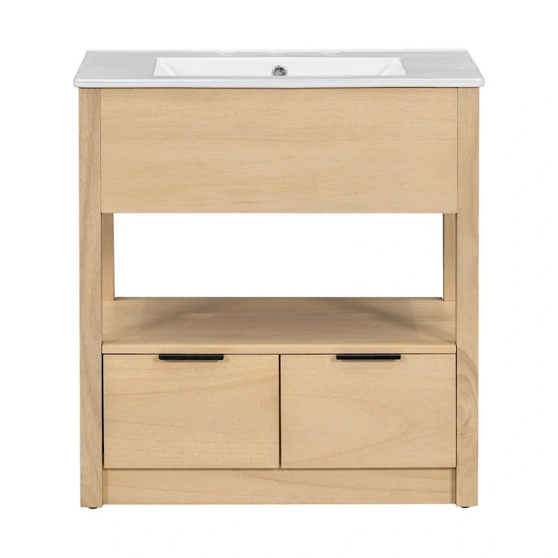 Meuble-lavabo moderne autoportant noir/transparent avec 2 tiroirs et étagère ouverte, vasque simple, 1 personne