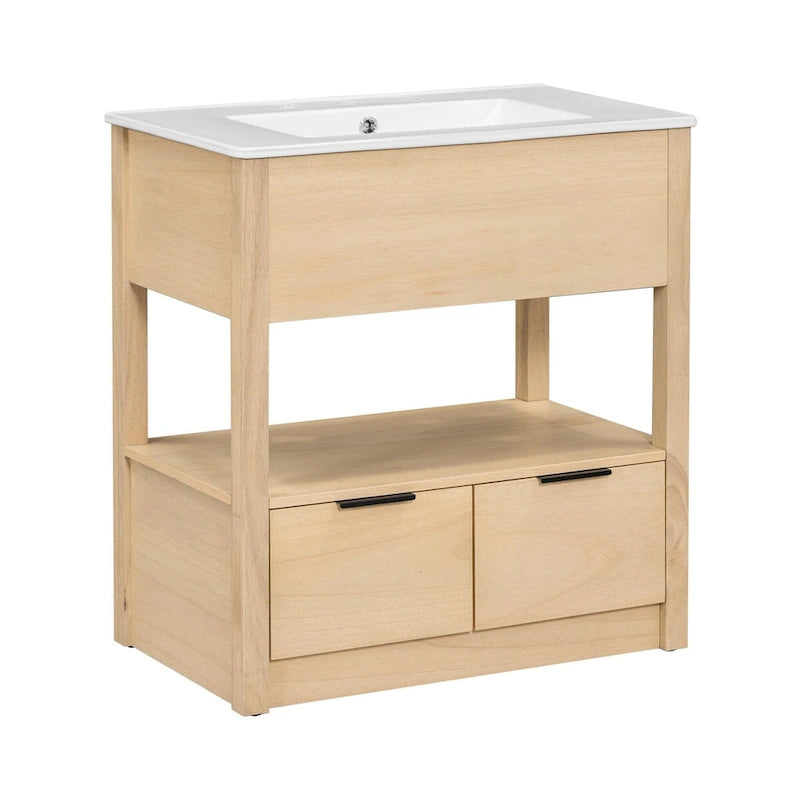 Meuble-lavabo moderne autoportant noir/transparent avec 2 tiroirs et étagère ouverte, vasque simple, 1 personne