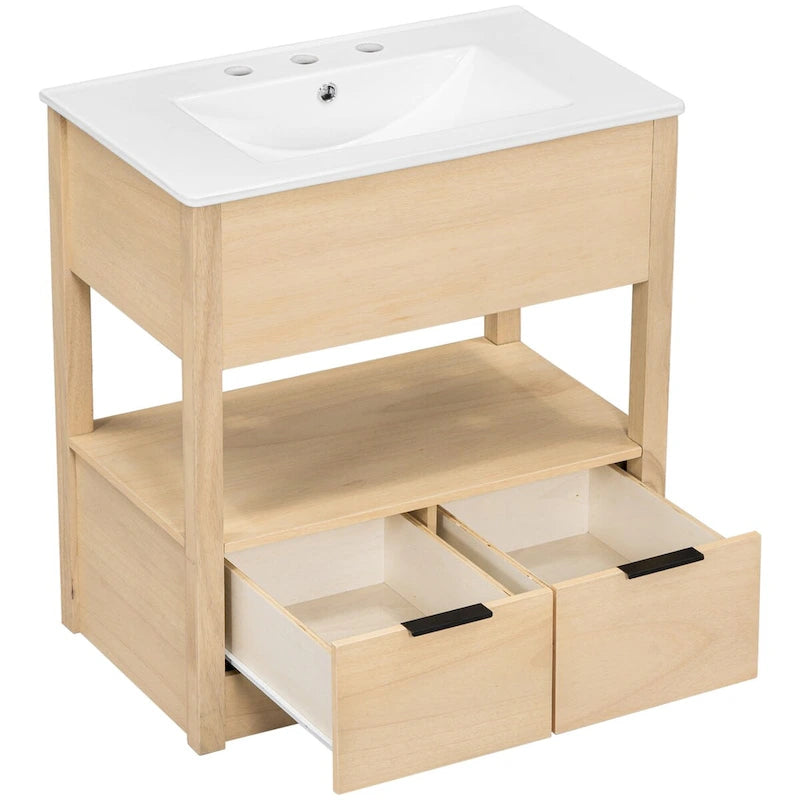 Meuble-lavabo moderne autoportant noir/transparent avec 2 tiroirs et étagère ouverte, vasque simple, 1 personne