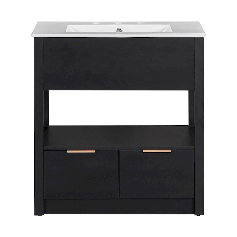 Meuble-lavabo moderne autoportant noir/transparent avec 2 tiroirs et étagère ouverte, vasque simple, 1 personne