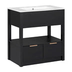Meuble-lavabo moderne autoportant noir/transparent avec 2 tiroirs et étagère ouverte, vasque simple, 1 personne