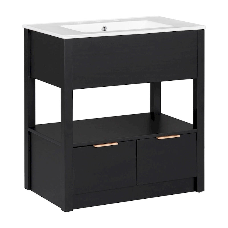Meuble-lavabo moderne autoportant noir/transparent avec 2 tiroirs et étagère ouverte, vasque simple, 1 personne