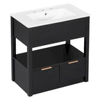 Meuble-lavabo moderne autoportant noir/transparent avec 2 tiroirs et étagère ouverte, vasque simple, 1 personne