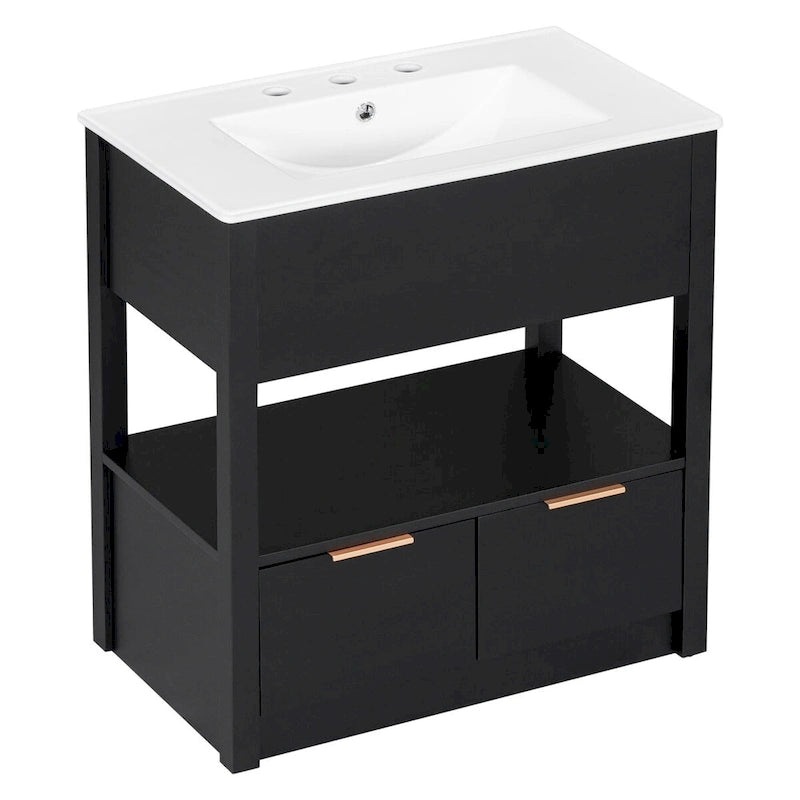 Meuble-lavabo moderne autoportant noir/transparent avec 2 tiroirs et étagère ouverte, vasque simple, 1 personne
