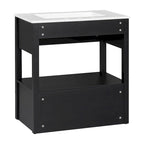 Meuble-lavabo moderne autoportant noir/transparent avec 2 tiroirs et étagère ouverte, vasque simple, 1 personne