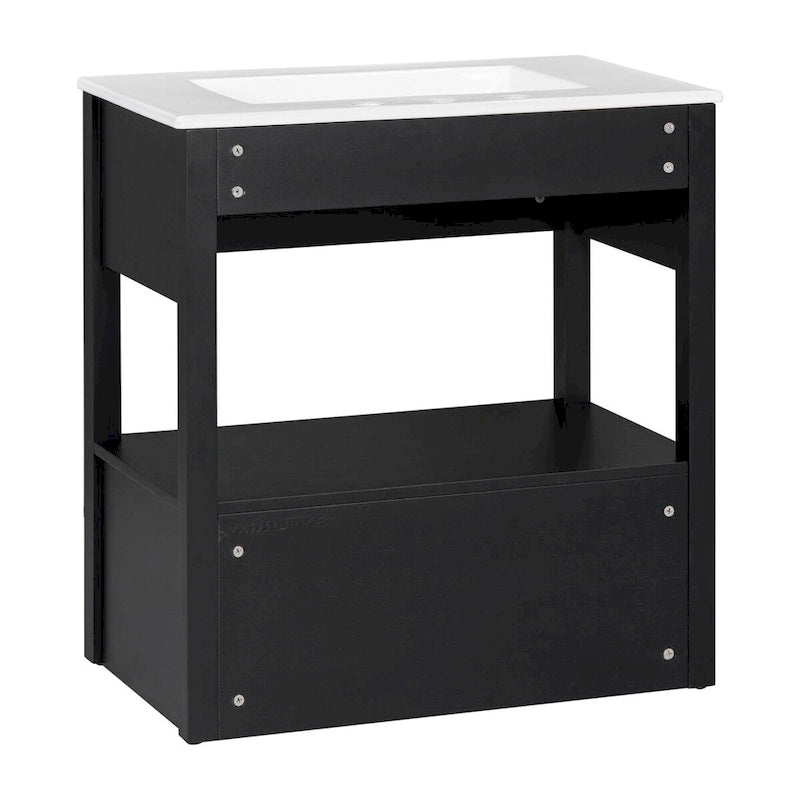 Meuble-lavabo moderne autoportant noir/transparent avec 2 tiroirs et étagère ouverte, vasque simple, 1 personne