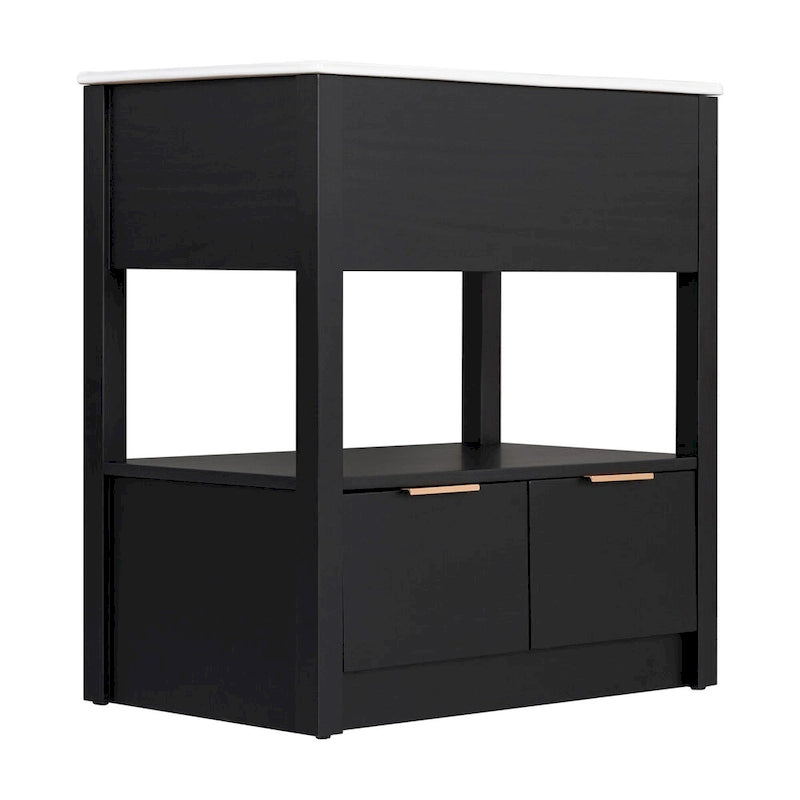 Meuble-lavabo moderne autoportant noir/transparent avec 2 tiroirs et étagère ouverte, vasque simple, 1 personne