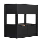 Meuble-lavabo moderne autoportant noir/transparent avec 2 tiroirs et étagère ouverte, vasque simple, 1 personne