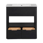 Meuble-lavabo moderne autoportant noir/transparent avec 2 tiroirs et étagère ouverte, vasque simple, 1 personne