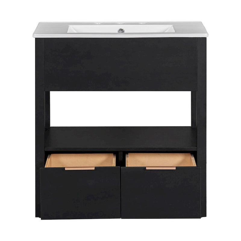 Meuble-lavabo moderne autoportant noir/transparent avec 2 tiroirs et étagère ouverte, vasque simple, 1 personne