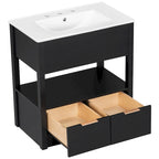 Meuble-lavabo moderne autoportant noir/transparent avec 2 tiroirs et étagère ouverte, vasque simple, 1 personne