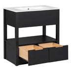 Meuble-lavabo moderne autoportant noir/transparent avec 2 tiroirs et étagère ouverte, vasque simple, 1 personne