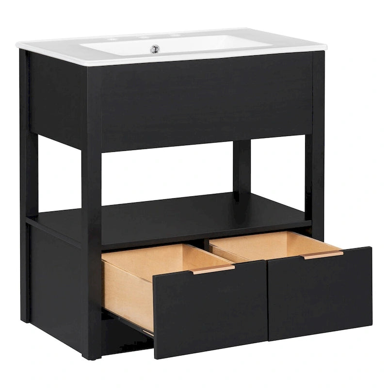 Meuble-lavabo moderne autoportant noir/transparent avec 2 tiroirs et étagère ouverte, vasque simple, 1 personne
