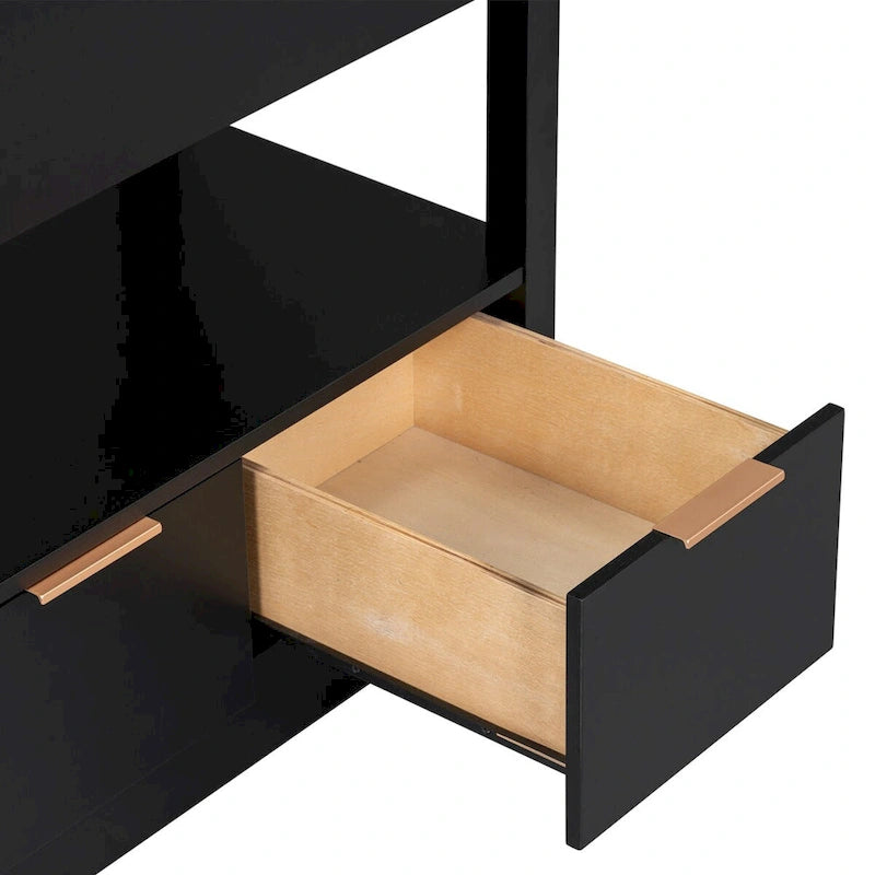 Meuble-lavabo moderne autoportant noir/transparent avec 2 tiroirs et étagère ouverte, vasque simple, 1 personne