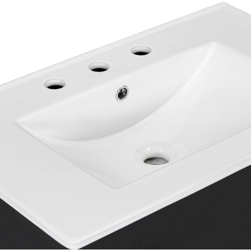Meuble-lavabo moderne autoportant noir/transparent avec 2 tiroirs et étagère ouverte, vasque simple, 1 personne
