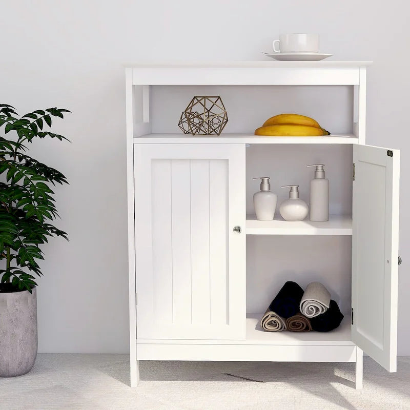 Meuble bas de salle de bain blanc avec finition bois et portes doubles, 1 personne