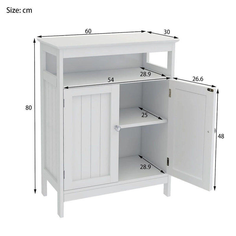 Meuble bas de salle de bain blanc avec finition bois et portes doubles, 1 personne