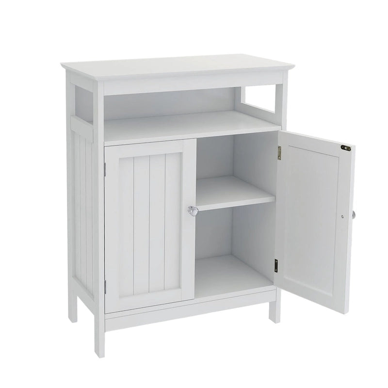 Meuble bas de salle de bain blanc avec finition bois et portes doubles, 1 personne