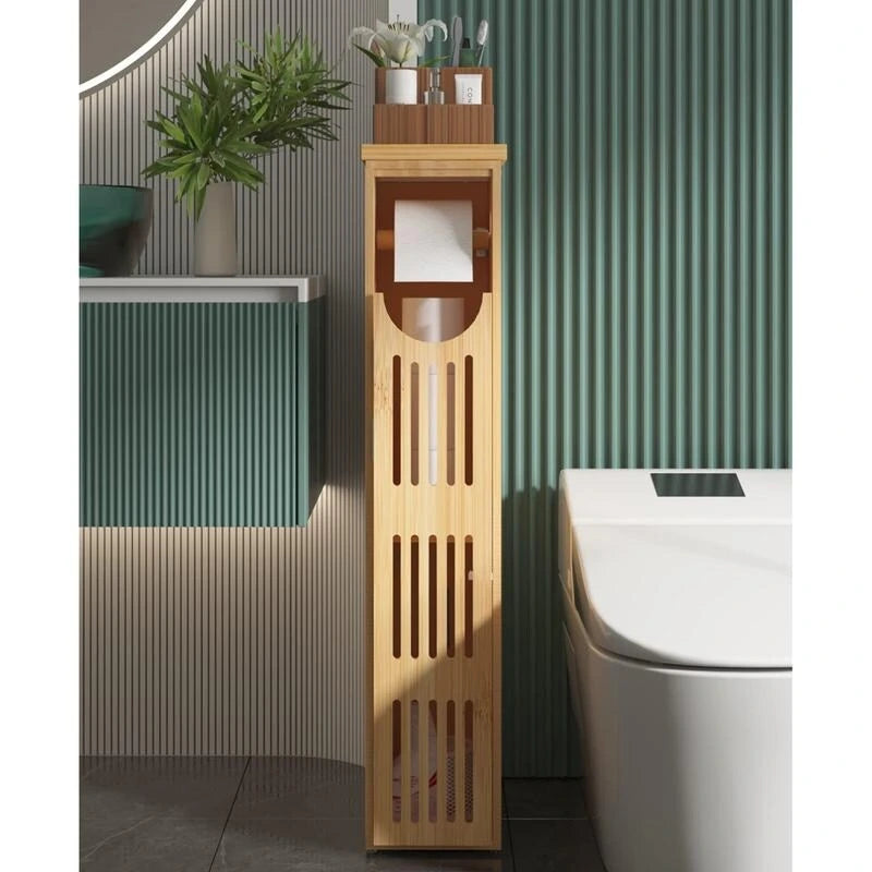 Distributeur de papier toilette autoportant en bambou/marron avec rangement, peut contenir 5 à 7 rouleaux