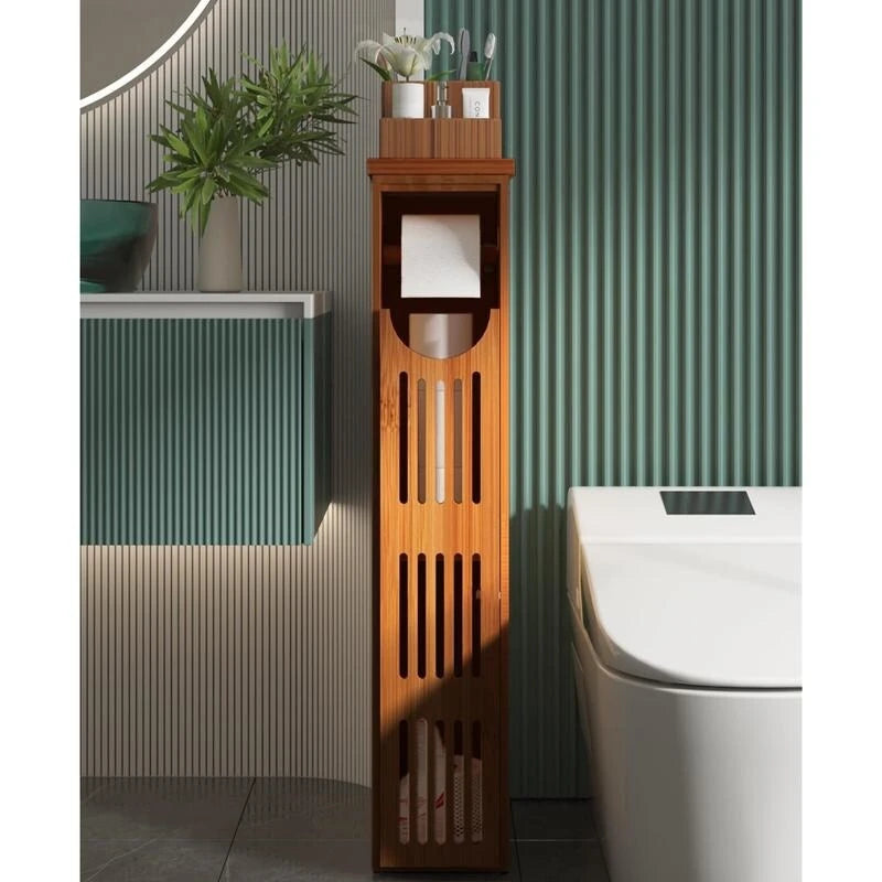 Distributeur de papier toilette autoportant en bambou/marron avec rangement, peut contenir 5 à 7 rouleaux