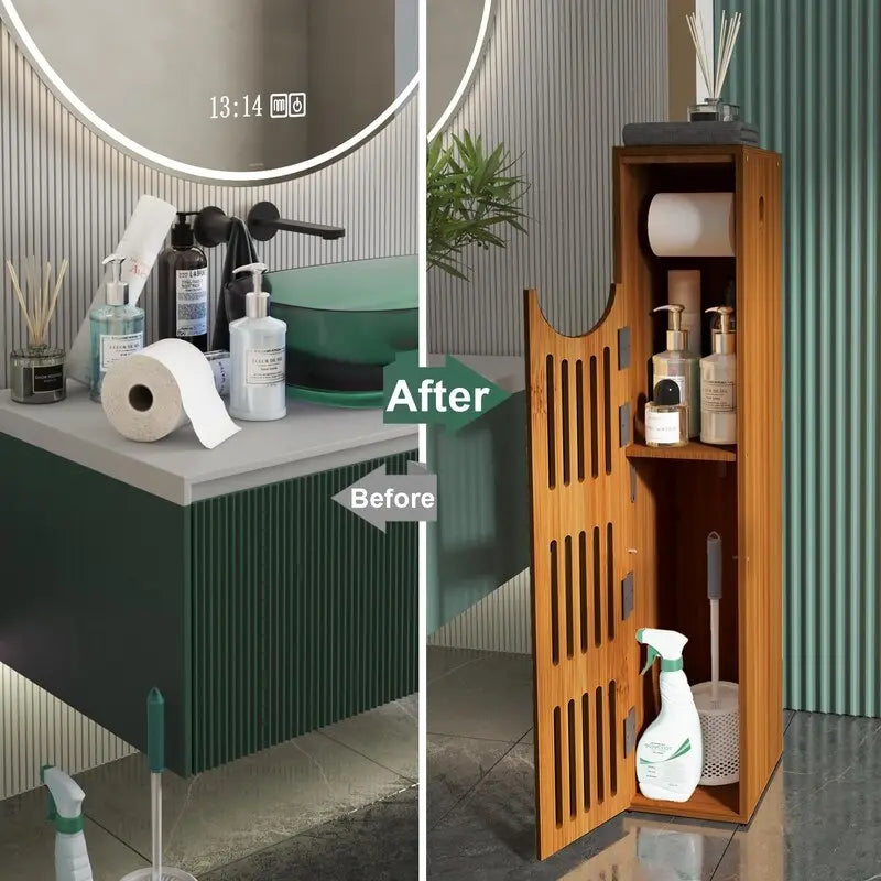 Distributeur de papier toilette autoportant en bambou/marron avec rangement, peut contenir 5 à 7 rouleaux